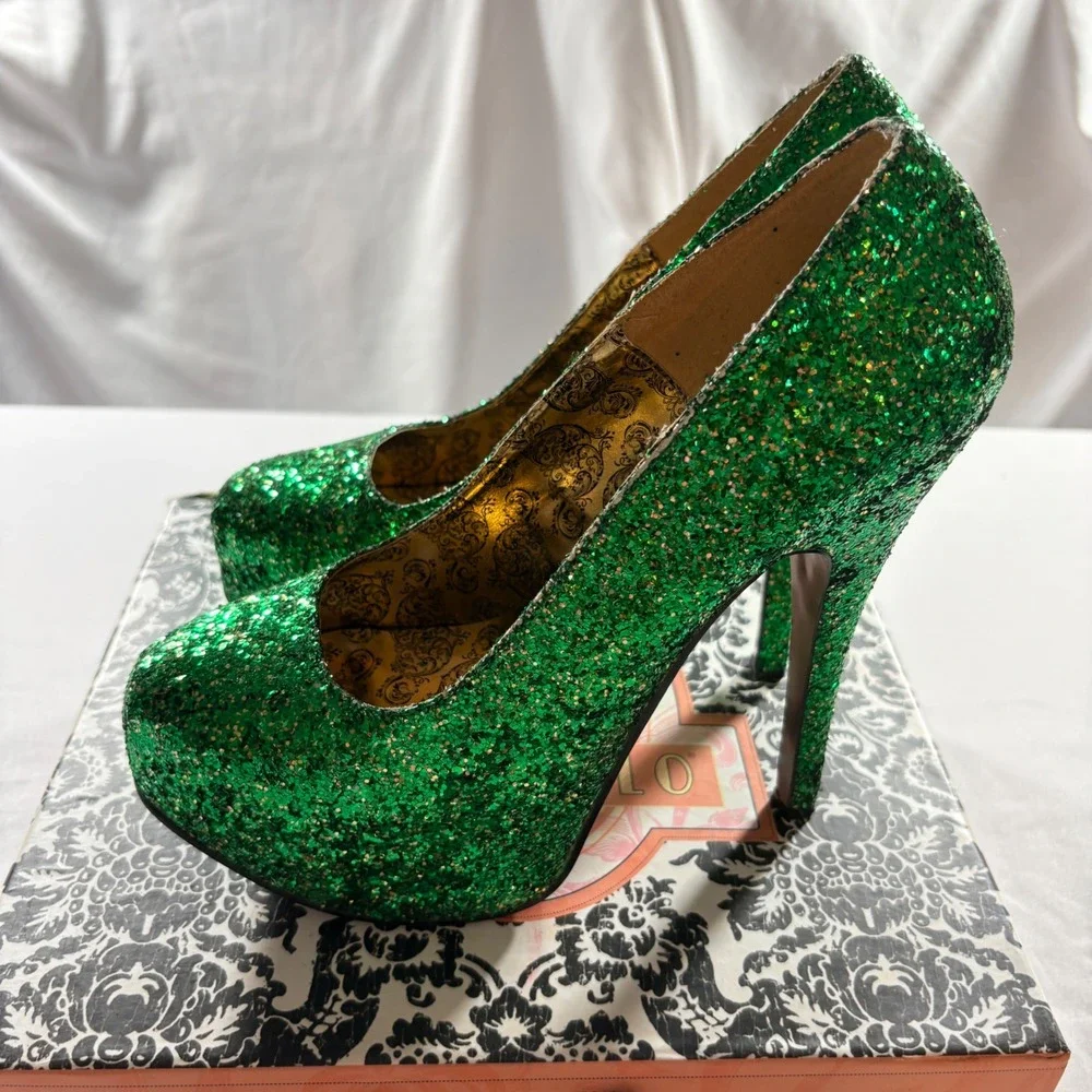 Bordello Teeze-06G Green Glitter Platform Pumps Womens 9 Burlesque Stiletto Heel